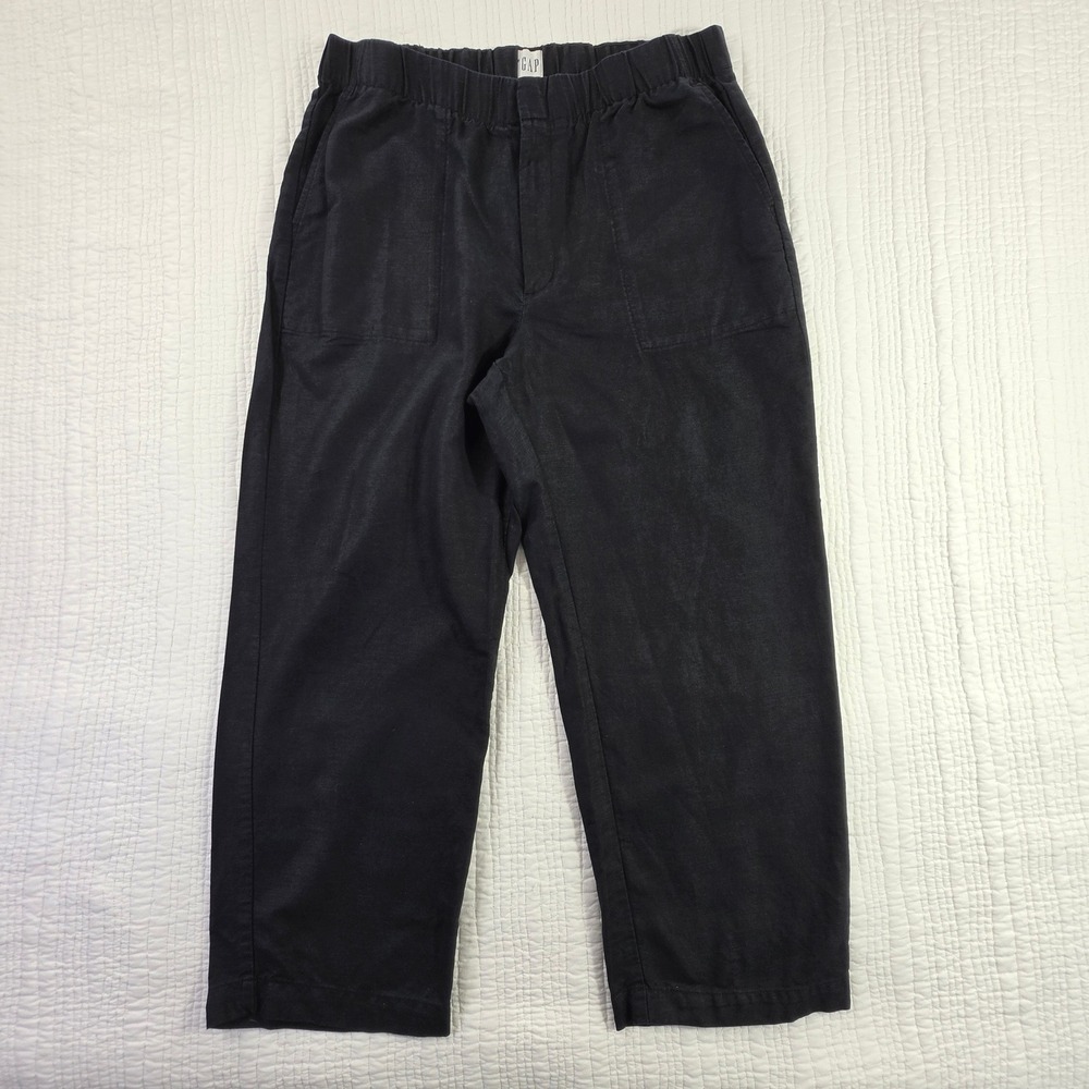 GAP Pleated Linen Pants Women Large Black EUC Elastic Waist Patch Pocket